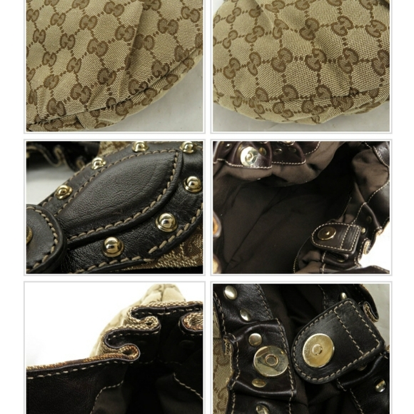 💯 AUTH GUCCI GG CANVAS LEATHER STUDED GATHER BAG - Picture 9 of 9